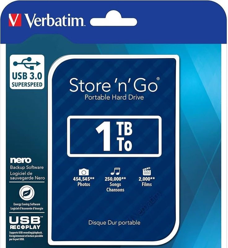 Verbatim Store &#39;n&#39; Go Portable Hard Drive 1TB Blue External Hard Drive USB 3.0