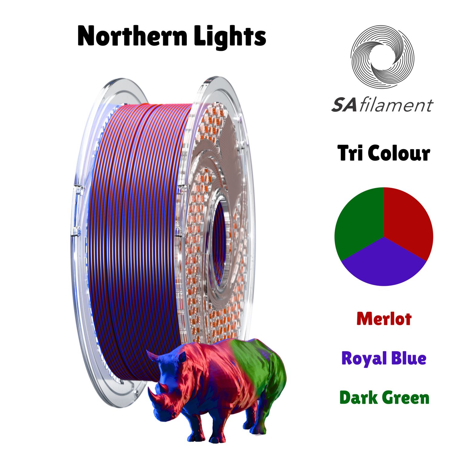 SA Filament Tri Color Silk PLA+ 750g (1.75mm) Northern Lights (Royal Blue &amp; Merlot &amp; Dark Green)