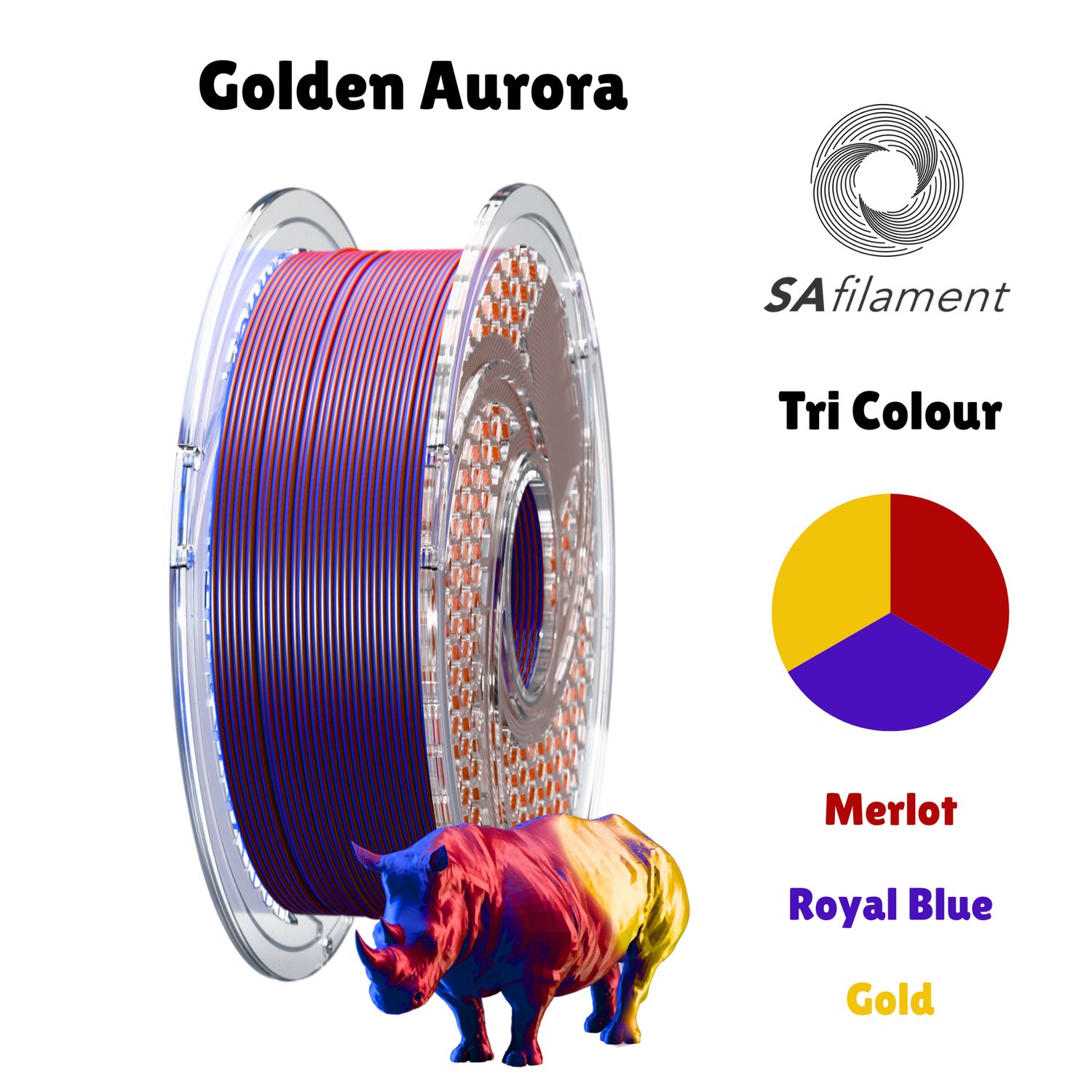 SA Filament Tri Color Silk PLA+ 750g (1.75mm) Golden Aurora (Royal Blue &amp; Merlot &amp; Gold)