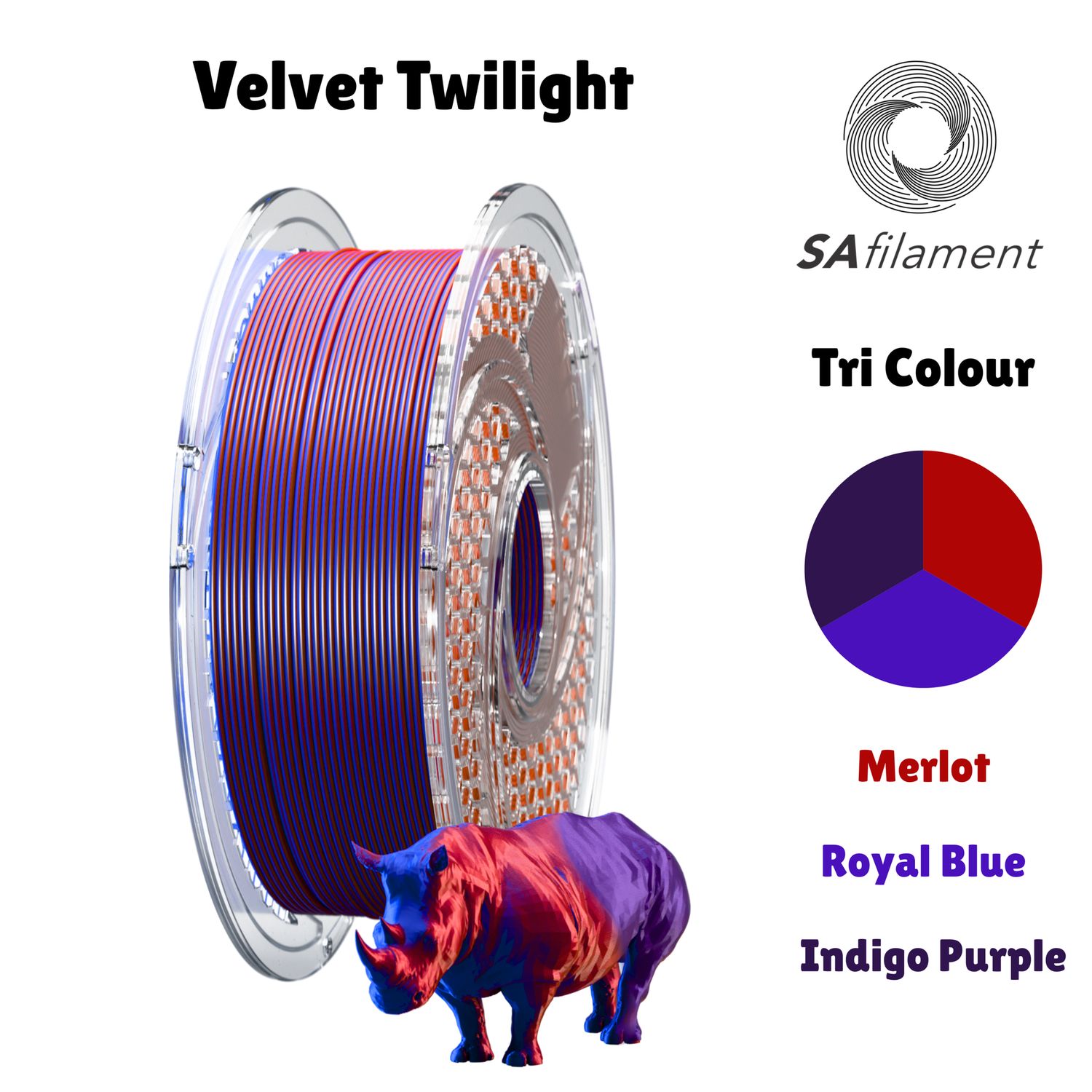 SA Filament Tri Color Silk PLA+ 750g (1.75mm) Velvet Twilight (Royal Blue &amp; Merlot &amp; Indigo Purple)