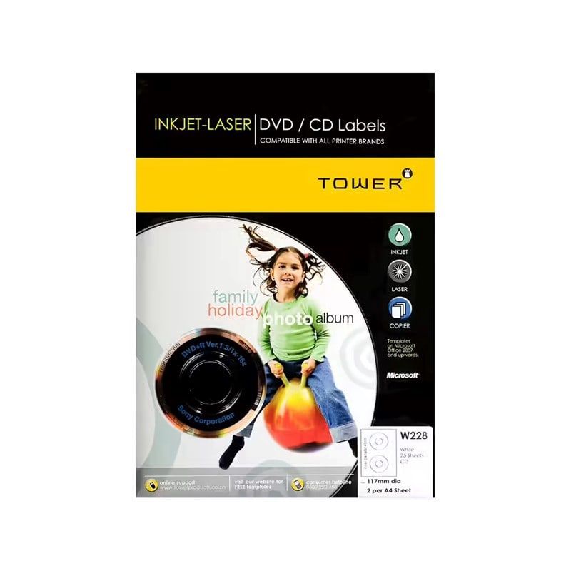 A4 (DVD/CD) Label Sheet, Size: 117mm dia, Type: W228 (2up)