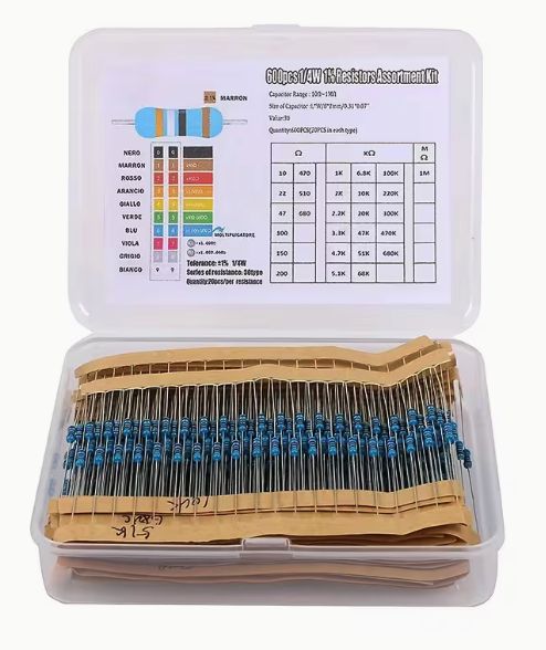 600pcs Resistor Assortment Kit, Carbon Film, 1/4W, ±1% Tolerance, 1Ω-1MOhm, Iron Material, Hardwired, Non-Battery, ≤36V Operating Voltage, with Variety Pack for Electronics