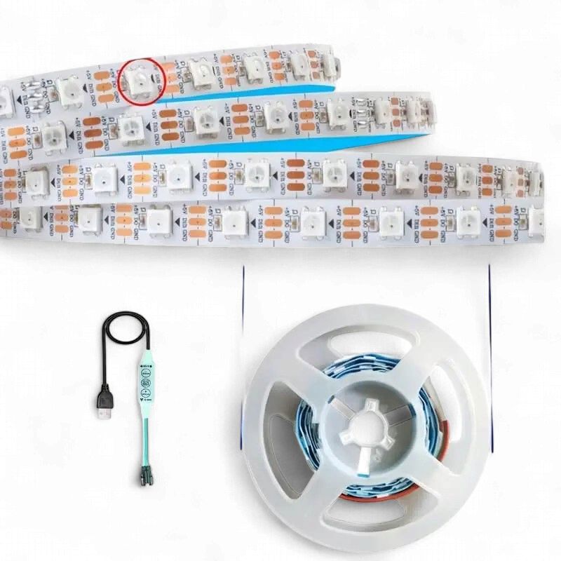WS2812B RGB LED Strip – 5V USB Powered, 1 Metre, 60 LEDs/m, Individually Addressable with Chasing Effects n - White PCB