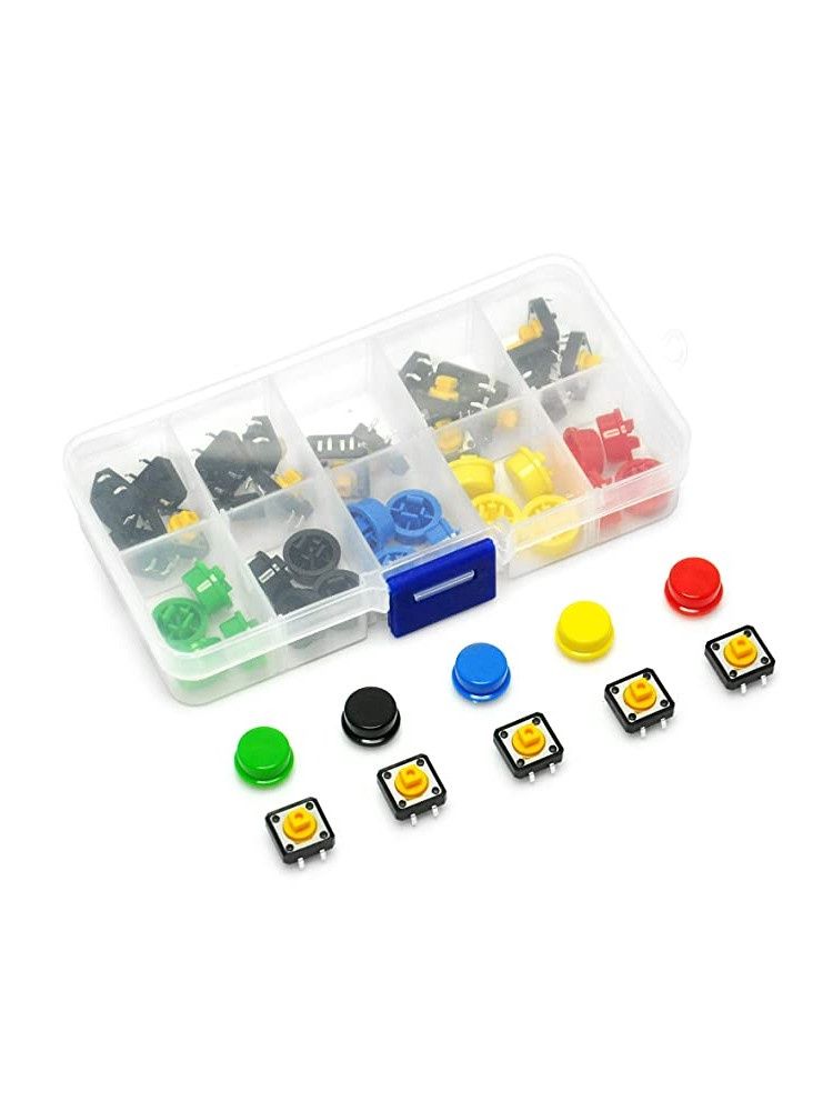 12×12×7.3mm Tactile Push Button Switch Kit – 25 Micro Switches + 25 Coloured Keycaps, 5 Colours, 50pcs Total