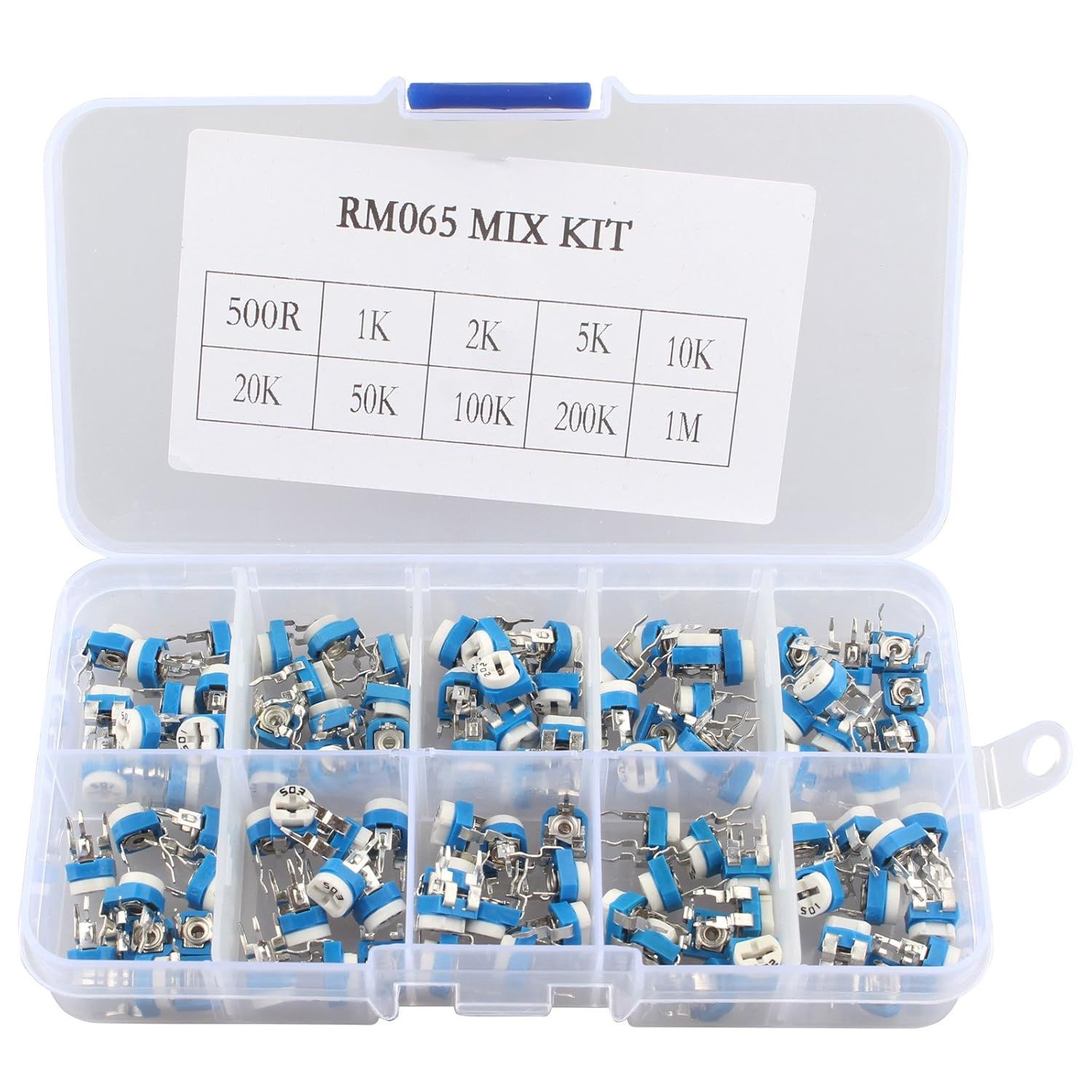 RM065 Trimmer Potentiometer Assortment Kit – 10 Values, 100Ω to 500KΩ, 100pcs with Storage Box