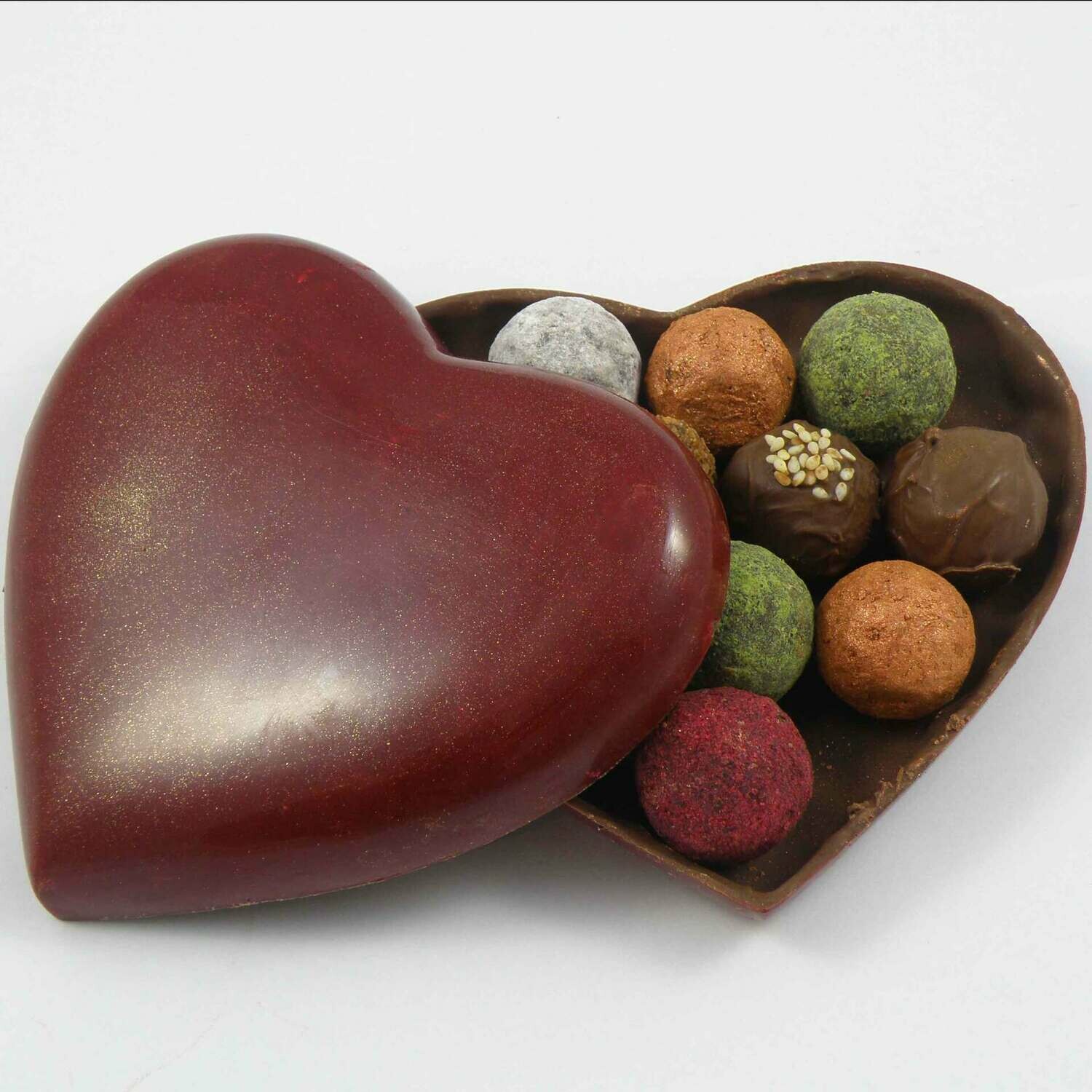 Valentine's Heart Made With Real Dark Or Milk Chocolate, filled with a Mixture of 12 Truffles