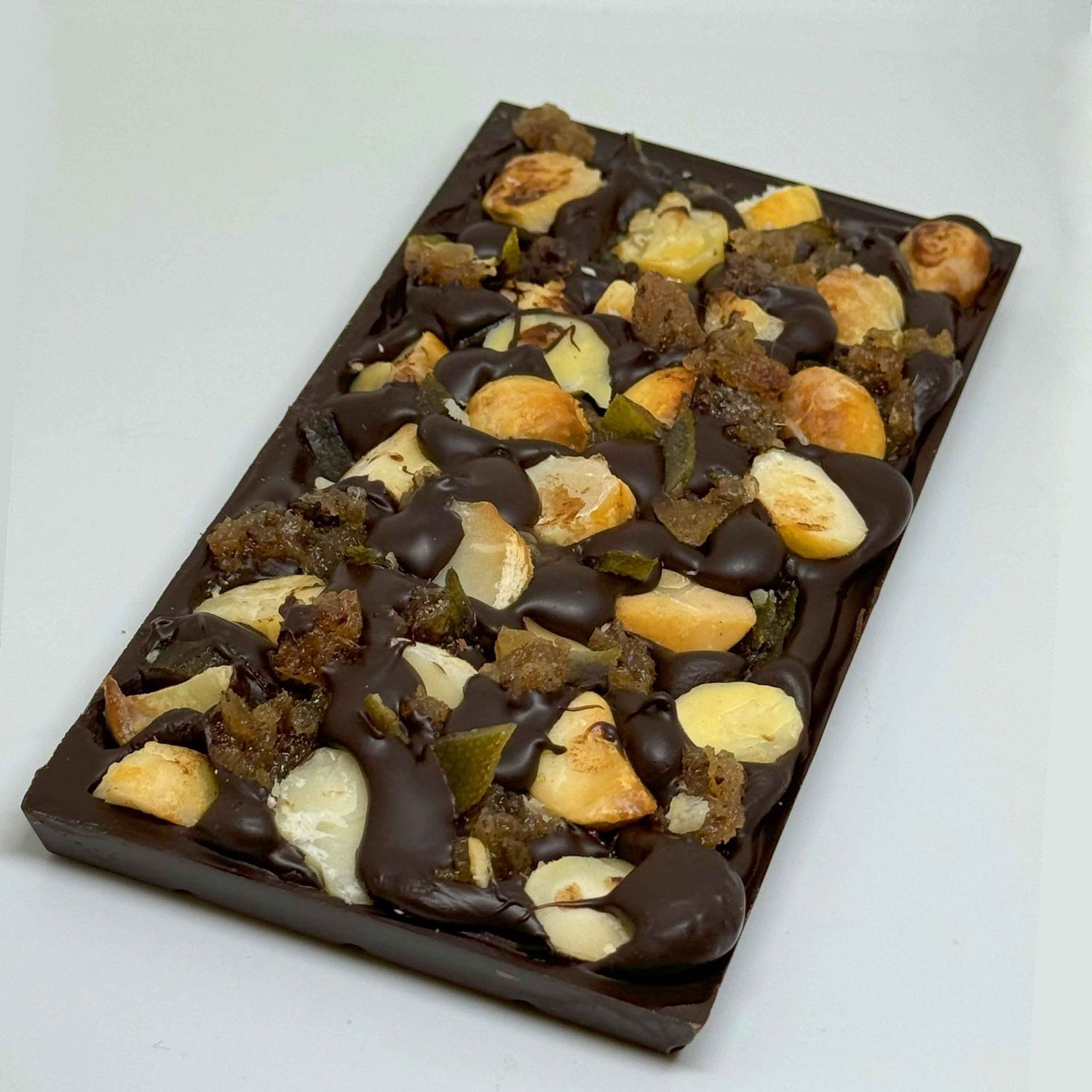 Dark Chocolate Bar with Roasted Macadamia Nuts and lots of Stem Ginger and Caramelised Lime pieces - 160g