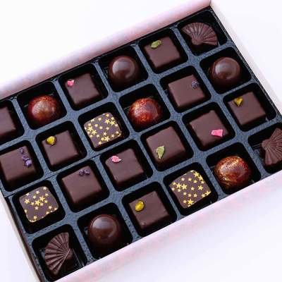 Dark Chocolate Selection Box. Hand made with only the best chocolate and fillings - no preservatives, so flavours are vibrant and real. Packaged in an eco-friendly box.
