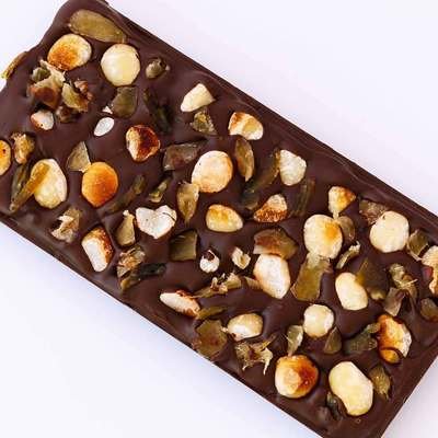 Dark Chocolate Bar with Roasted Macadamia Nuts and lots of Stem Ginger and Caramelised Lime pieces - 160g