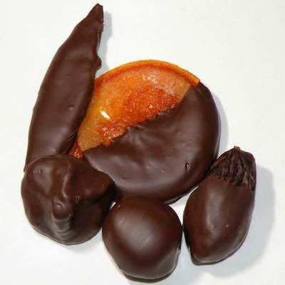Semi-Dried or Caramelised Fruit Dipped in Dark Chocolate