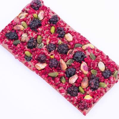 Milk Chocolate Bar with Pistachio Nuts and lots of freeze dried raspberry and blackberry pieces - 135g