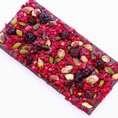 Dark Chocolate Bar with Pistachio Nuts and lots of freeze dried raspberry and blackberry pieces - 135g