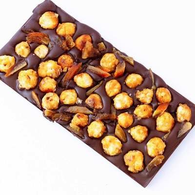 60 Percent Dark Chocolate Bar - with lots of caramelised hazelnut and caramelised orange peel pieces - 160g