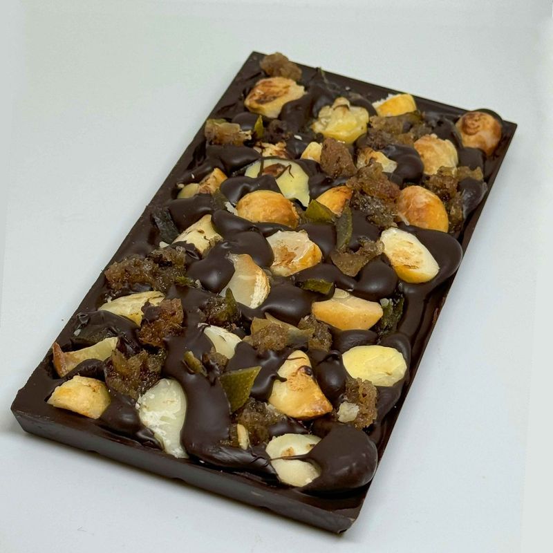 Dark Chocolate Bar with Roasted Macadamia Nuts and lots of Stem Ginger and Caramelised Lime pieces - 160g Dark Chocolate Bar with Roasted Macadamia Nuts and lots of Stem Ginger and Caramelised Lime pieces - 160g