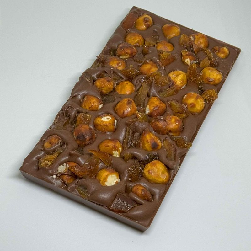 Milk Chocolate Bar - with lots of caramelised hazelnut and caramelised orange peel pieces - 160g