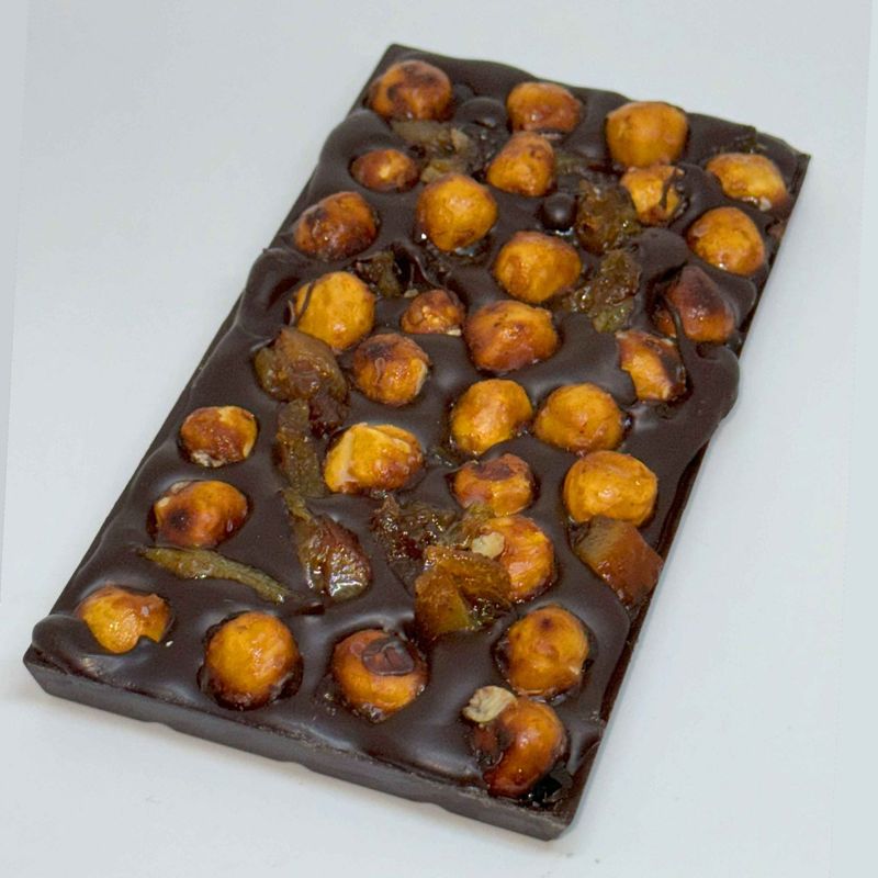 60 Percent Dark Chocolate Bar - with lots of caramelised hazelnut and caramelised orange peel pieces - 160g