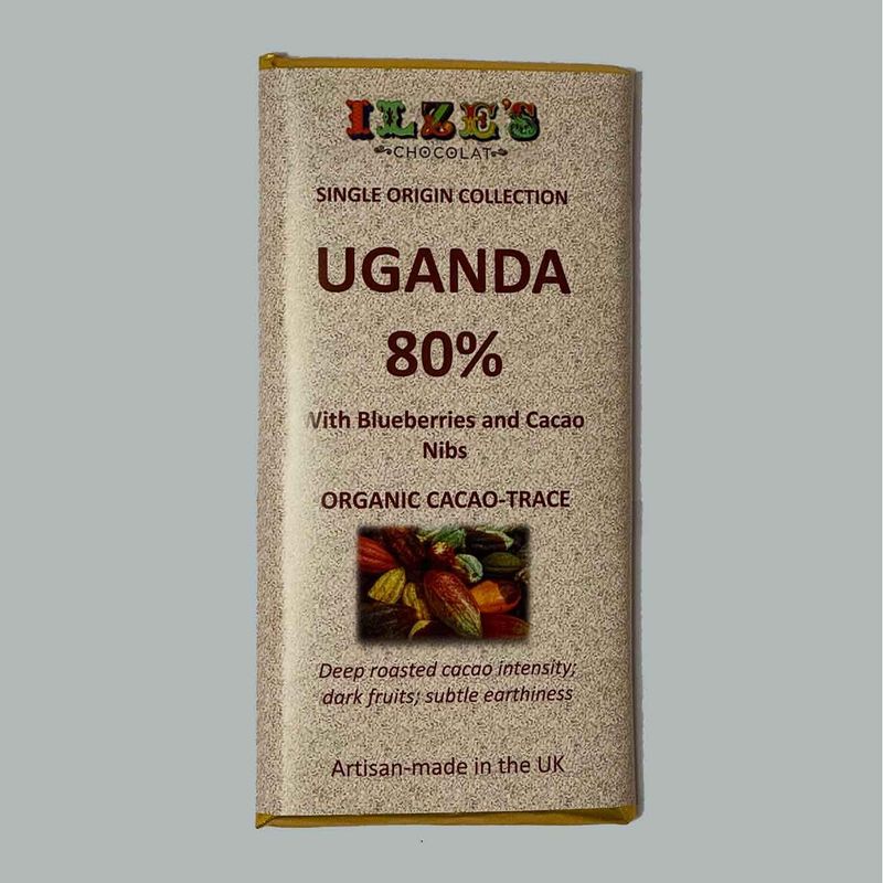 Single Origin Chocolate Bar from Uganda: 80% Chocolate, with added Blueberries and Cacao Nibs - 100g Single Origin Chocolate Bar from Uganda: 80% Chocolate, with added Blueberries and Cacao Nibs - 100g