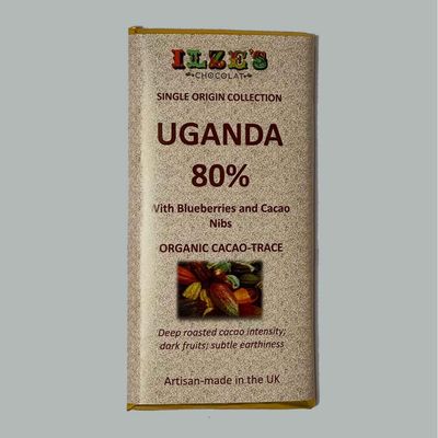 Single Origin Chocolate Bar from Uganda: 80% Chocolate, with added Blueberries and Cacao Nibs - 100g Single Origin Chocolate Bar from Uganda: 80% Chocolate, with added Blueberries and Cacao Nibs - 100g