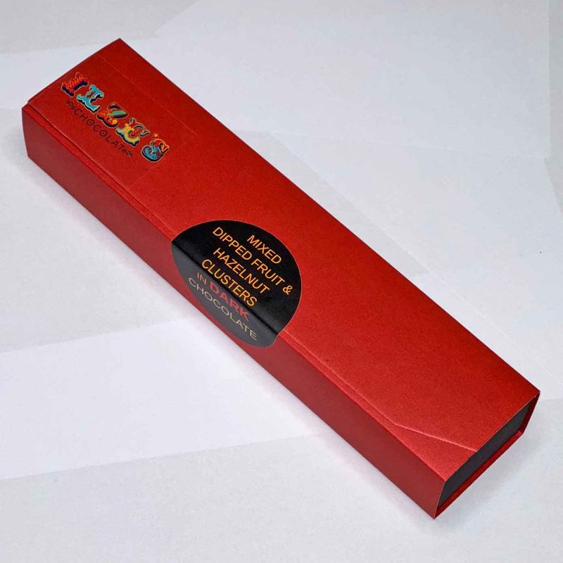 Mixed Dipped Fruit and Hazelnut Clusters in Dark Chocolate Mixed Dipped Fruit and Hazelnut Clusters in Dark Chocolate