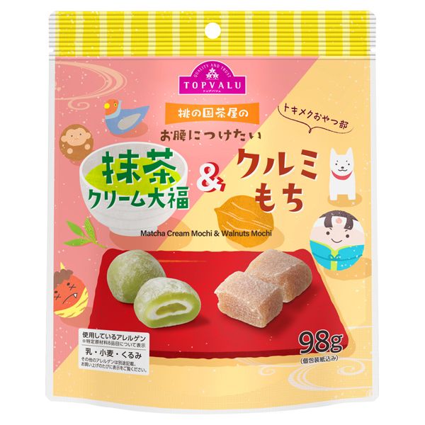 Topvalu, Matcha Cream Mochi &amp;  Mochi, Walnut Mochi, Bite-size, 98g