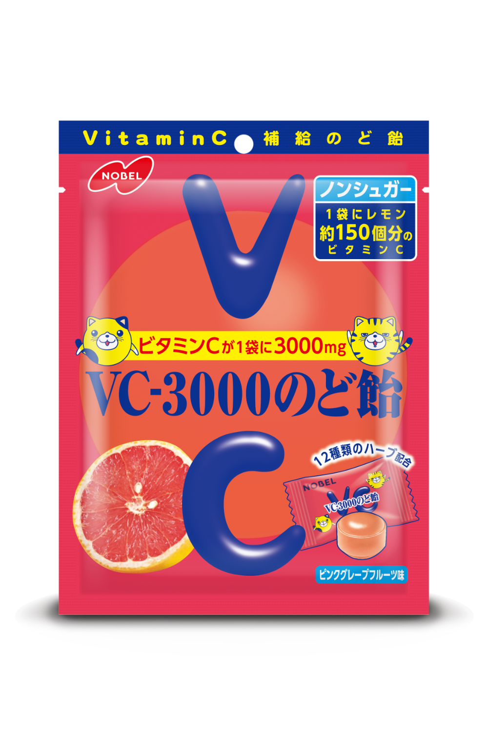 Nobel, VC-3000 Nodoame, Pink Grapefruits Flavor Hard Candy, 90g