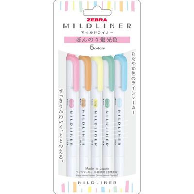 Zebra Mildliner Gentle Fluorescent Highlighters 5-Color Set 4.0/1.0mm