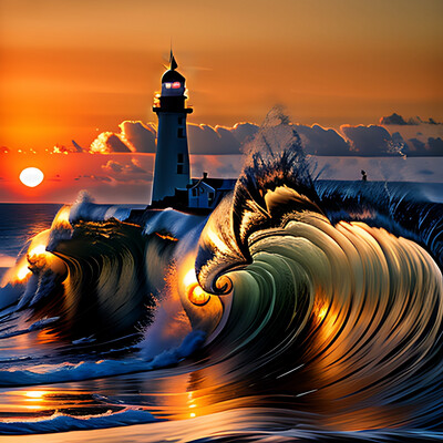 Sunset Lighthouse With Epic Wave