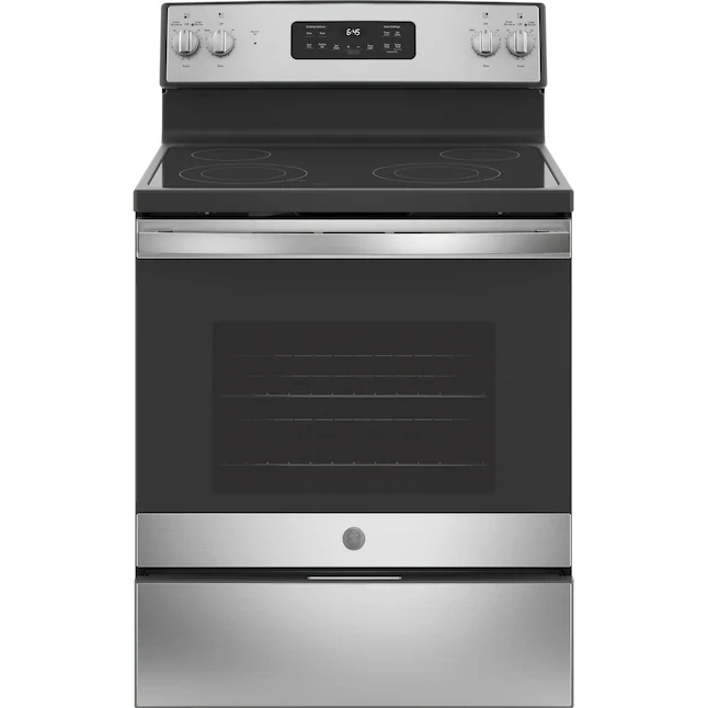 GE 30-in Smooth Surface Glass Top 4 Elements 5.3-cu ft Self-Cleaning Freestanding Electric Range (Stainless Steel)
