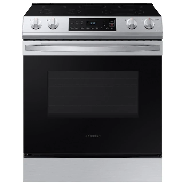 Samsung 30-in Smooth Surface Glass Top 5 Elements 6.3-cu ft Self-Cleaning Slide-in Smart Electric Range (Fingerprint Resistant Stainless Steel) Samsung 30-in Smooth Surface Glass Top 5 Elements 6.3-cu ft Self-Cleaning Slide-in Smart Electric Range (Fingerprint Resistant Stainless Steel)