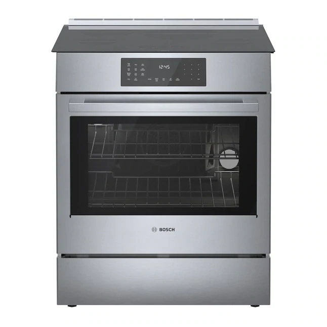 Bosch 800 Series 30-in Smooth Surface Glass Top 4 Elements 4.6-cu ft Self-Cleaning Convection Oven Slide-in Electric Range (Stainless Steel)