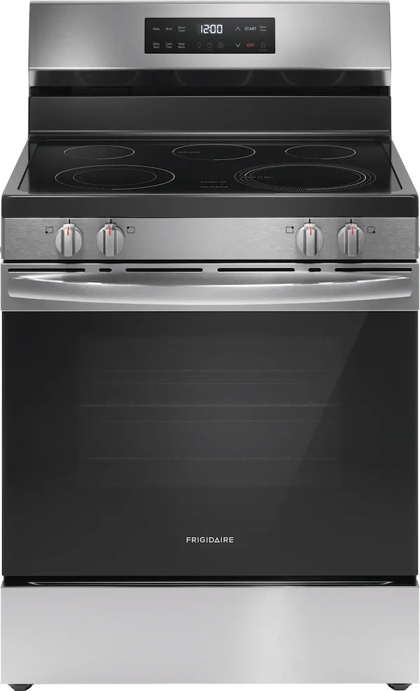 Frigidaire 30 Inch Freestanding Electric Range with 5 Elements, 5.3 cu. ft. Capacity, Even Temp™ Element, Space Wise® Element, Storage Drawer, and Steam Clean: Stainless Steel