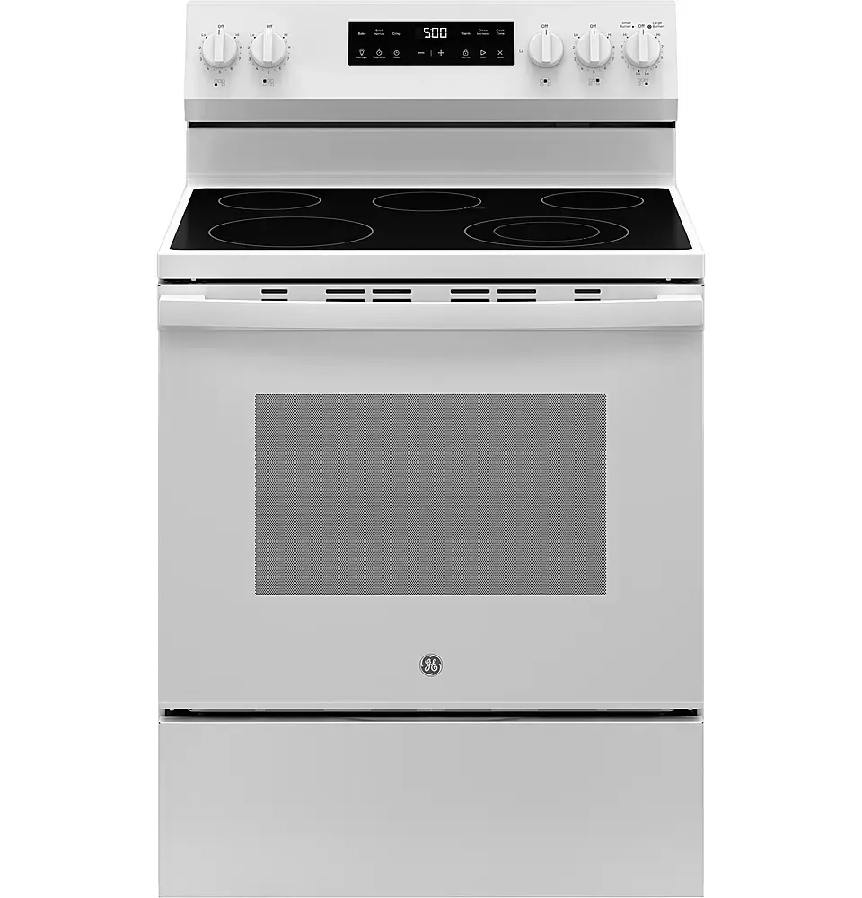 GE - 5.3 Cu. Ft. Freestanding Electric Range with Self-Clean and Steam Cleaning Option and Crisp Mode - White
