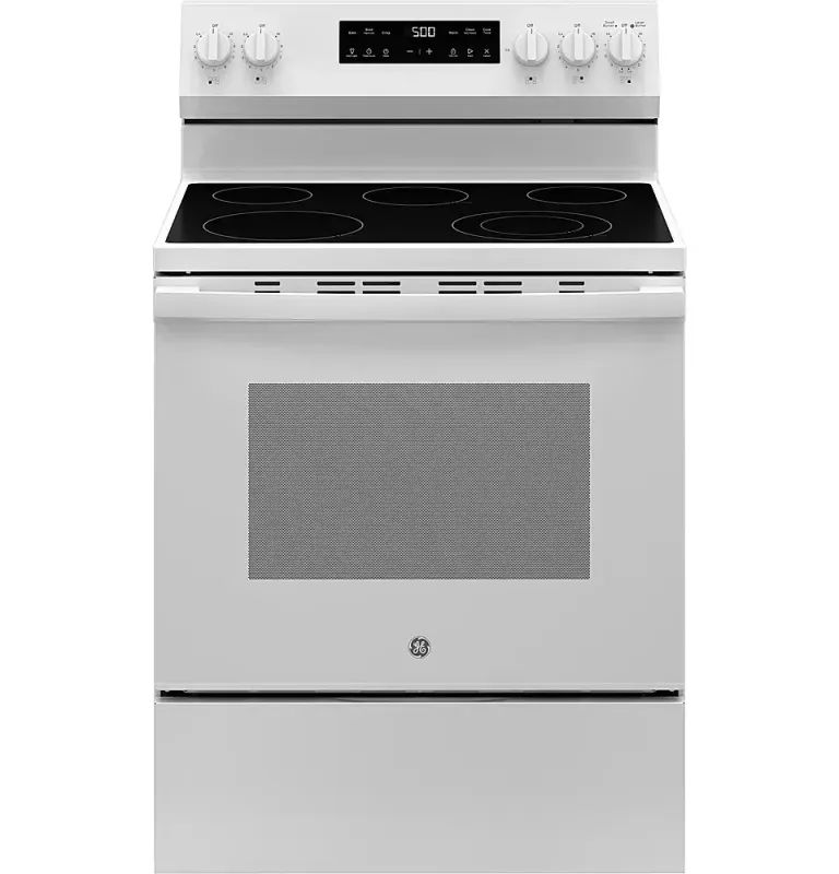 GE - 5.3 Cu. Ft. Freestanding Electric Range with Self-Clean and Steam Cleaning Option and Crisp Mode - White