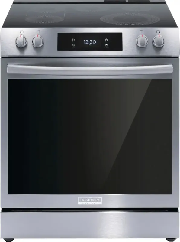Frigidaire Gallery 30-in Glass Top 5 burners 6.2-cu ft Air Fry Convection Oven Slide-In Electric Range Fingerprint Resistant Stainless Steel ) Frigidaire Gallery 30-in Glass Top 5 burners 6.2-cu ft Air Fry Convection Oven Slide-In Electric Range Fingerprint Resistant Stainless Steel )