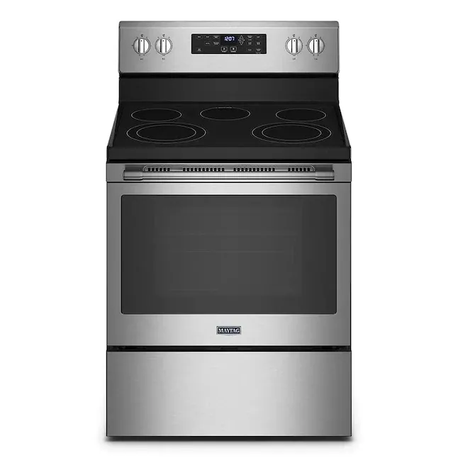 Maytag 30-in Smooth Surface 5 Elements 5.3-cu ft Self-Cleaning Air Fry Convection Oven Freestanding Electric Range (Fingerprint Resistant Stainless Steel) Maytag 30-in Smooth Surface 5 Elements 5.3-cu ft Self-Cleaning Air Fry Convection Oven Freestanding Electric Range (Fingerprint Resistant Stainless Steel)