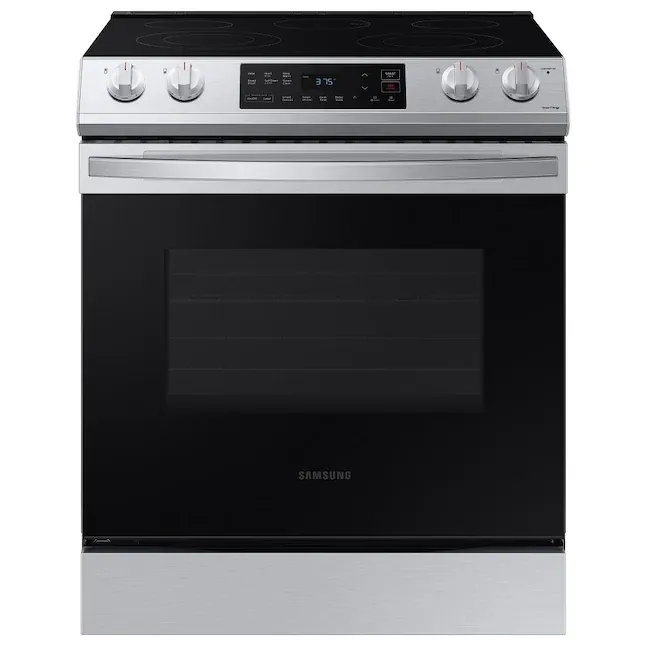 Samsung 30-in Smooth Surface Glass Top 5 Elements 6.3-cu ft Self-Cleaning Slide-in Smart Electric Range (Fingerprint Resistant Stainless Steel) Samsung 30-in Smooth Surface Glass Top 5 Elements 6.3-cu ft Self-Cleaning Slide-in Smart Electric Range (Fingerprint Resistant Stainless Steel)