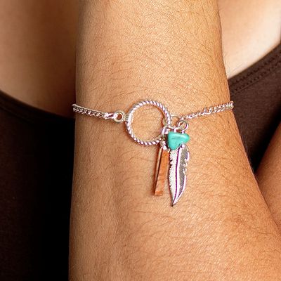 Silver Plated Turquoise Feather Leather Pig Bracelet