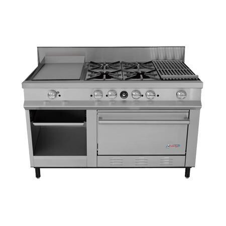 Estufa Compacta de 4 Quemadores, Plancha, Gratinador, Asador Radiante, Horno y Alacena a Gas SSEC San-Son