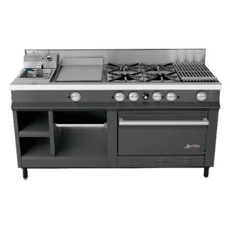 Estufa Maestra de 4 Quemadores, Plancha, Gratinador, Freidor, Asador Radiante, Horno y Alacena a Gas SSEMB San-Son