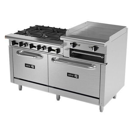 Estufa a Gas 6 Fuegos Abiertos + Plancha Elevada + Gratinador + 2 Horno AEMR-2-RG24-B6-60-H (Restaurant Line) Asber