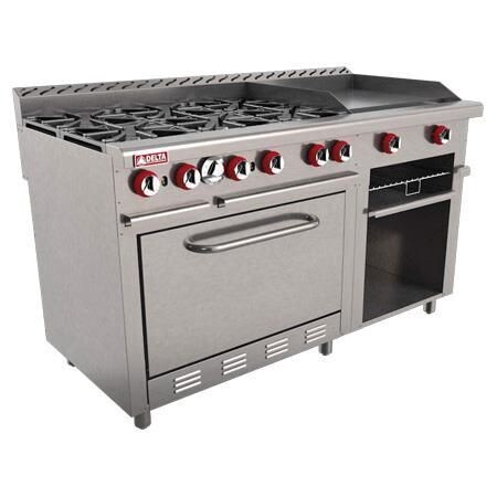 Estufa Comercial 6 Quemadores + Plancha + Gratinador + Horno a Gas H6-GA MIX (Aquiles) Delta