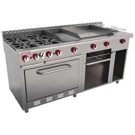 Estufa Múltiple 4 Quemadores + Asador + Plancha + Freidor + Gratinador + Horno a Gas EM-H TOP (Aquiles) Delta