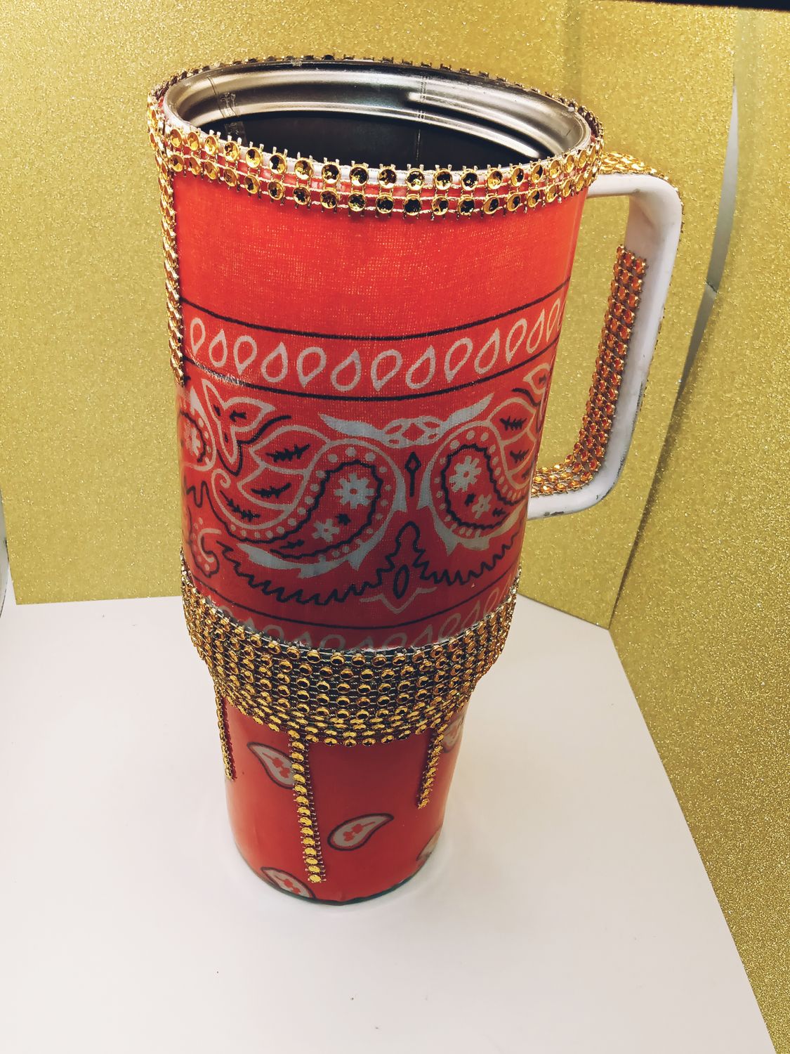 40 oz Orange Bandana Fabric-Wrapped Tumbler – Stainless Steel with Lid &amp; Straw