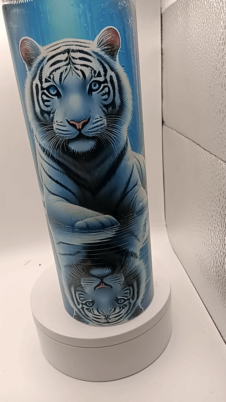 White Tiger 20 oz Tumbler – Aura Blue Spirit Design with Piercing Eyes
