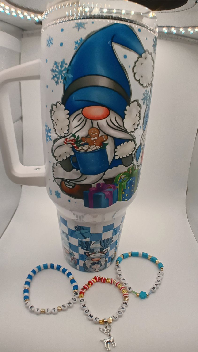 40oz Gnome Tumbler + Bracelets (&quot;Let It Snow&quot;/ &quot;Winter Magic&quot;/ &quot;Gnome love&quot;)