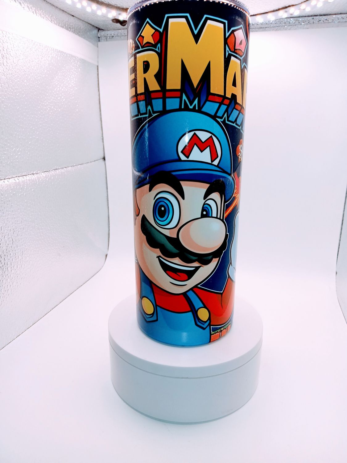 20 oz Red &amp; Blue Gamer Tumbler – Classic Arcade Adventure Design