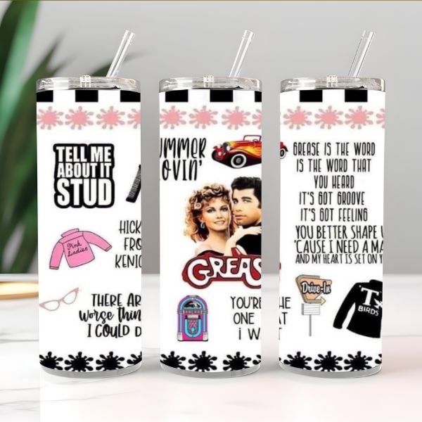 20 oz Grease-Inspired Tumbler – Sandy, Danny &amp; Classic Songs Design