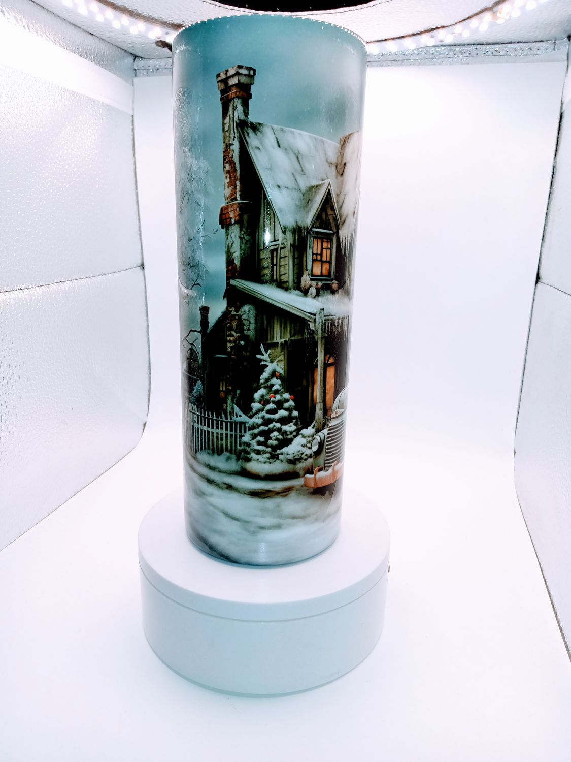 20 oz Christmas House Tumbler – Blue House with Red Truck Design
