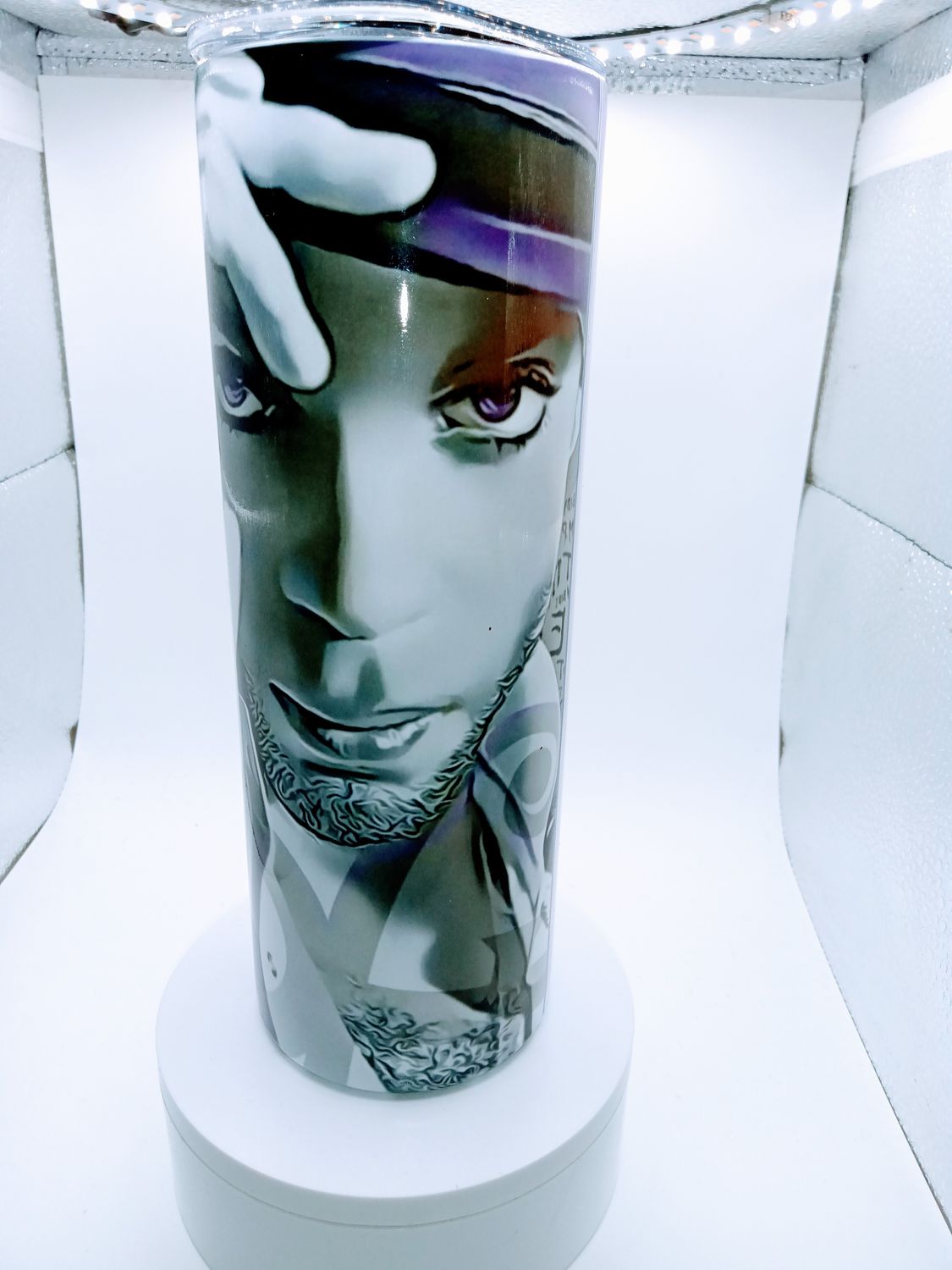 20 oz Purple Tribute Tumbler – Purple Hat Design with Love Symbol, Doves &amp; Hit Songs