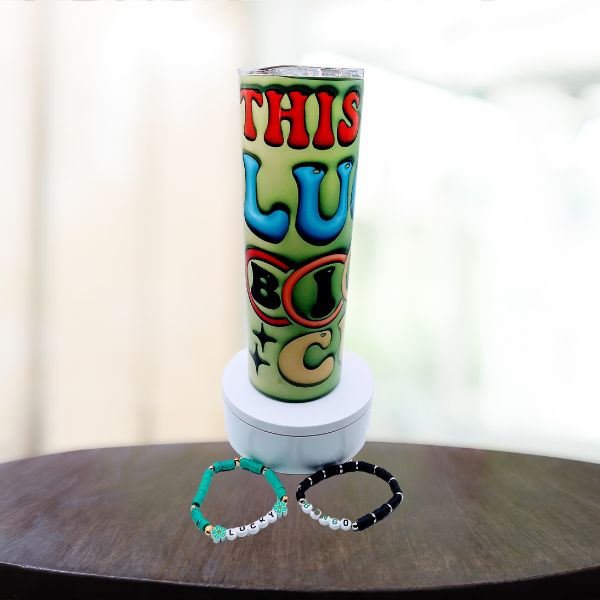 20 oz Lucky Bingo Tumbler with Matching Bracelets – Green Cup with “This is My Lucky Bingo Cup”